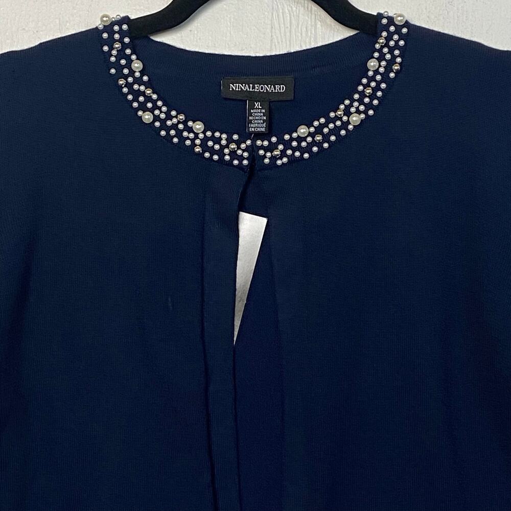Nina Leonard Navy Blue Open Front Crop Cardigan Sweater NWT Pearl Trim Preppy XL - Picture 3 of 8